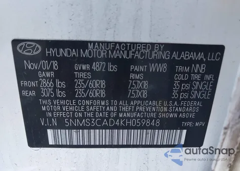 2019 Hyundai Santa Fe Sel Plus from USA, damaged, VIN 5NMS3CAD4KH059848